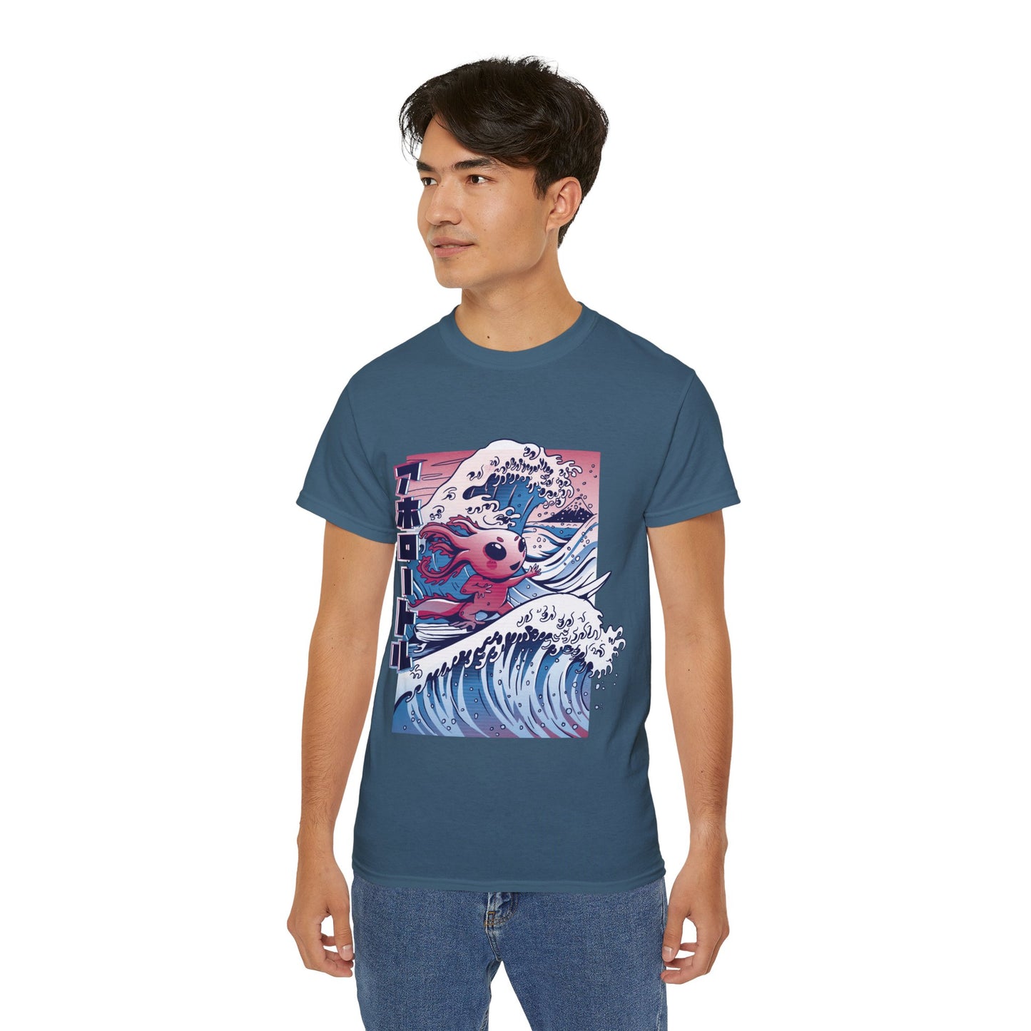 Mens Vaporwave Surfing Axolotl Tee