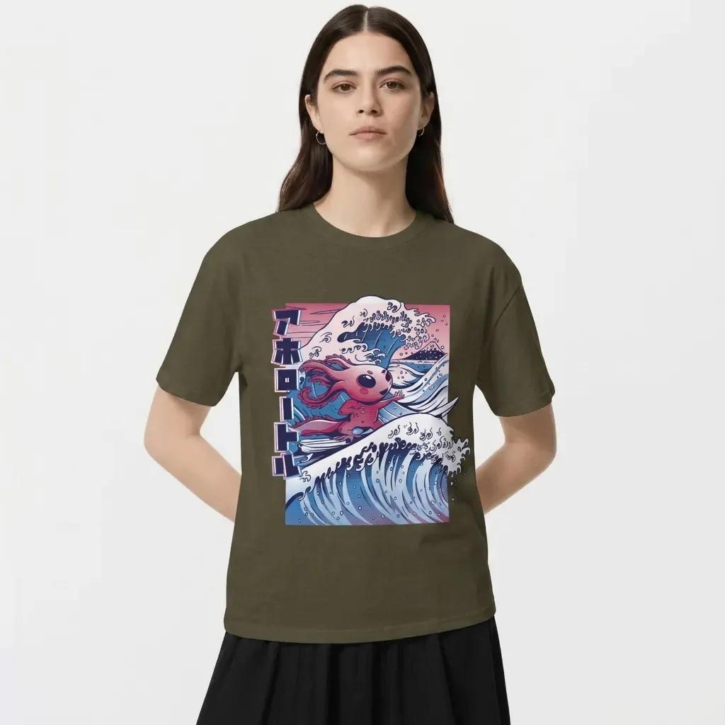Womens Vaporwave Surfing Axolotl Tee
