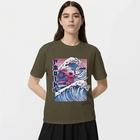 Womens Vaporwave Surfing Axolotl Tee
