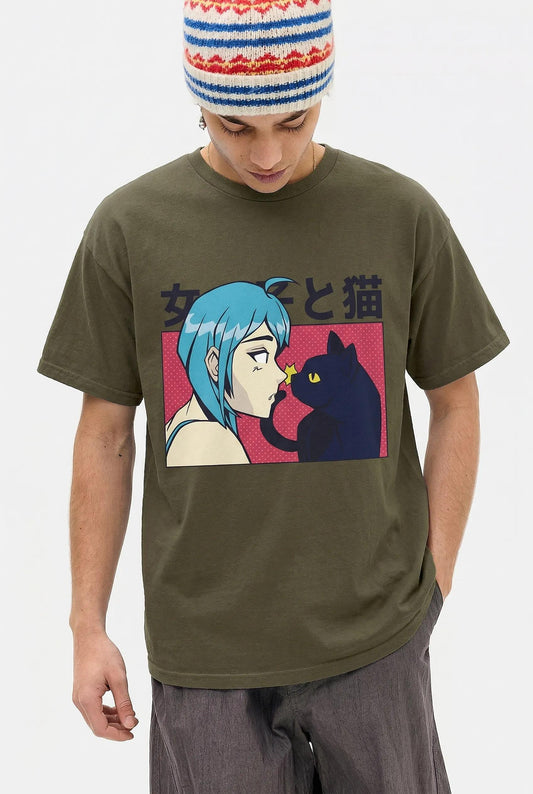 Mens Anime Girl Cat Tee