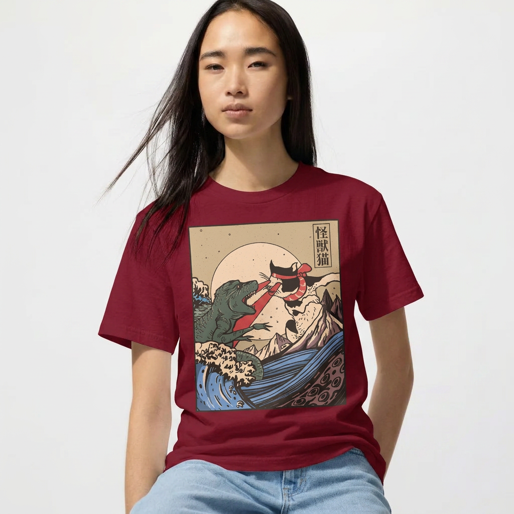 Womens Vintage Cat Vs Godzilla Tee