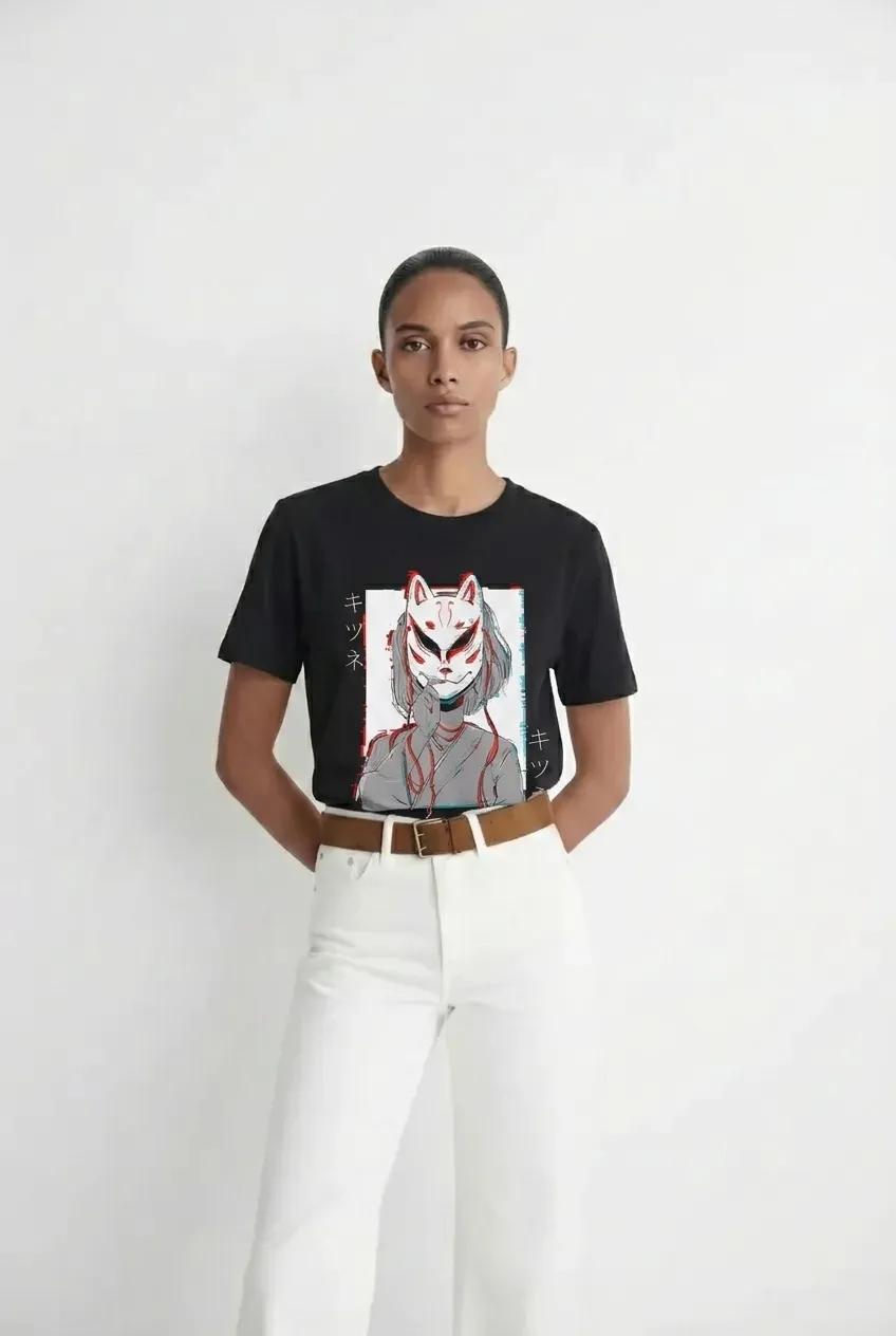 Womens Kitsune Mask Glitch Tee