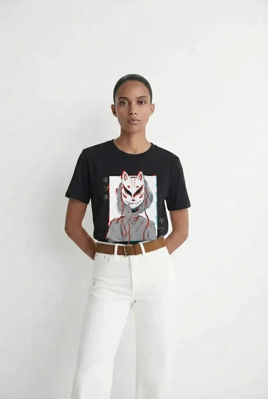 Womens Kitsune Mask Glitch Tee