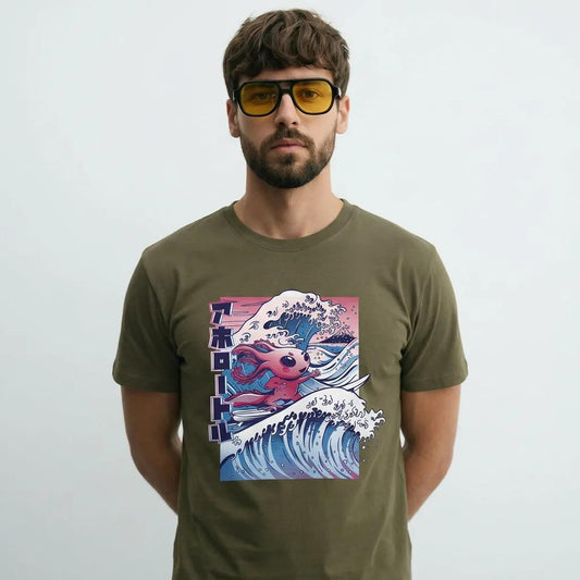 Mens Vaporwave Surfing Axolotl Tee